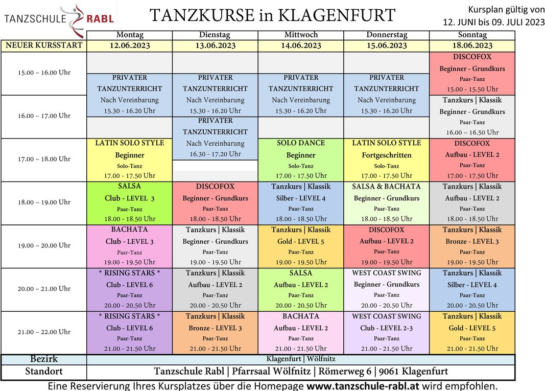TANZKURS KLAGENFURT KURSPLAN TANZSCHULE RABL 2023